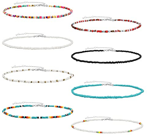 8-Piece Seed Bead Choker Set - Adjustable Beach Necklace Jewelry Accessories with Natural Cowrie Shells for Women & Girls