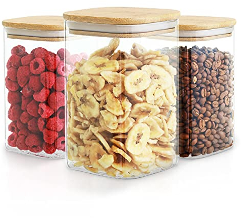 Praknu Set di 3 Barattoli di Vetro con Coperchio - 1 l - Quadrati - Ermetici - Con 6 Guarnizioni - Lavabili in Lavastoviglie