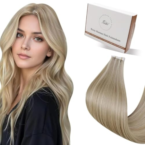 Hetto Tape Extensions Echthaar, Mittelblond mit Hellblonden Highlights, 30cm