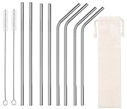 Paille Inox, Pailles Réutilisables Metal 27cm, Ne polluera pas l'Environnement, Adaptées à Diverses Boissons, Cocktails, Adultes et Enfants, Party-Wedding-Bar-Utilisation Quotidienne - 8 Pcs