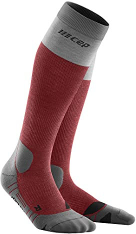 CEP - HIKING LIGHT MERINO SOCKS REDESIGN für Herren | Lange Wandersocken mit aktivierender Kompression | Trekkingsocken für leichte Beine in Berry/Grau | Größe IV |L