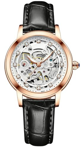RORIOS damklockor vattentät mekanisk automatisk klocka med läderarmband skelett Tourbillon klockor mode lysande klockor för flickor kvinnor