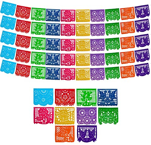Mexican Party Banners (5 Pack with 10 Plastic Flags per Banner) - Papel Picado Mexicano para Fiesta - Plastic Papel Picado - Fiesta Themed Party Decorations - Mexican Decor