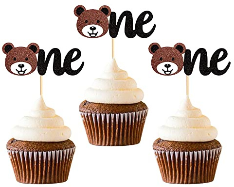 24 Stück One Cupcake Toppers Glitter Bear Cake Topper Baby First Birthday Party Cupcake Food Picks Dekorationen für Babyparty Jungen Mädchen Kinder 1. Geburtstag Party Kuchendekorationen Zubehör