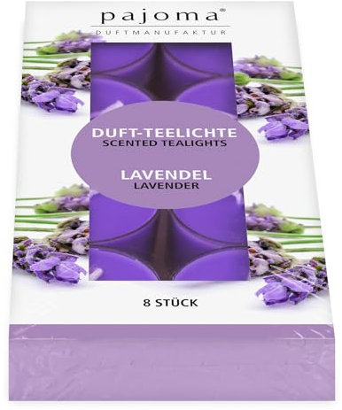 pajoma® 8 lumini da tè alla lavanda, profumati in custodia in policarbonato, durata circa 4 ore, altezza 1,5 cm, diametro 3,5 cm, qualità premium | decorazione, gastronomia, attività all'aperto,