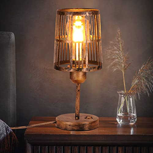 AIRTWESD E27 Lámpara de mesa Jaula de metal Lámpara de mesa LED de cabecera Sala de lectura Rústico Industrial Vintage LED Noche Pantalla Decorativa