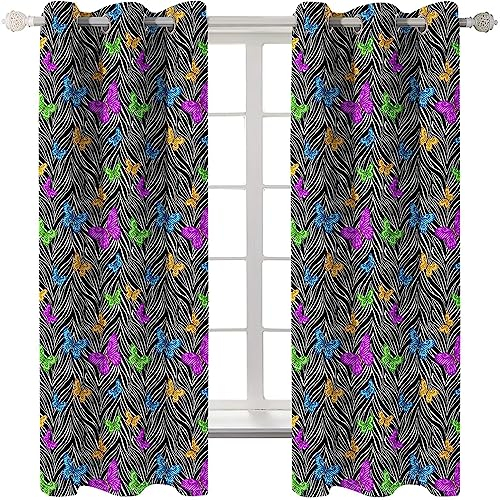 Homxi Gardinen Blickdicht Thermo 2er Set,2 x 107W x 214H cm,Gardine Blickdicht Kinderzimmer Schwarze Fuchsie Schmetterlings und Blattdruck Ösen Vorhang