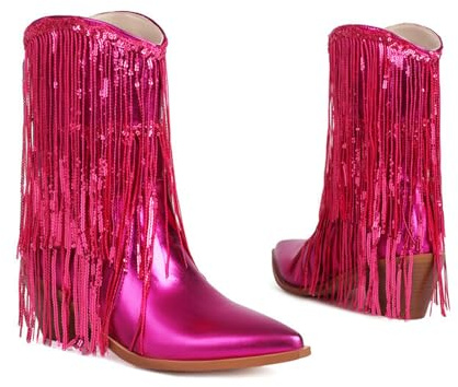 OTMYIGO Botas Vaqueras de Vaquera con Flecos y Pantorrilla Ancha para Mujer, Botas Occidentales metálicas Brillantes para Mujer, Botines Puntiagudos, Botines de Fiesta de Moda,Rosado,40