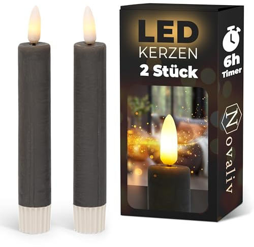 Stabkerzen LED mit Timer GRAU 2er indoor mit Timer Funktion 6 Stunden ECHTWACHS 15cm Höhe für Kerzen 2,2cm Durchmesser 2 AAA Batterien notwendig LED Stabkerzen flackernde Flamme bewegliche Flamme