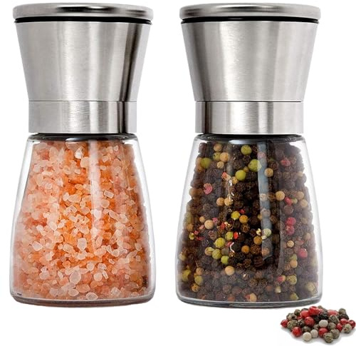 2 Piezas Molinos de Sal y Pimienta, Molinillo Manual de Pimienta, Molinillos de Cristal para Sal y Pimienta, Molinos de Pimienta, Ajustable, para Pimienta, Sal, Especias, Molinillos de Pimienta