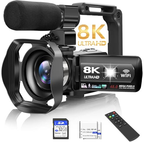 Videocámara 8K 48MP 15FPS UHD WiFi Vlogging Cámara con visión nocturna IR para YouTube, pantalla táctil de 3 pulgadas Zoom digital 18X con luz de relleno, micrófono