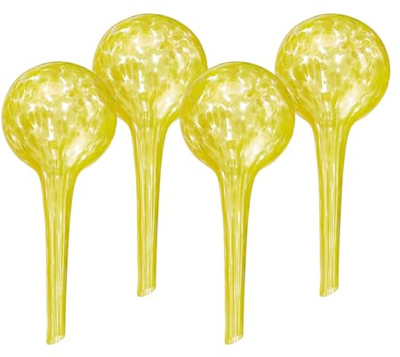Relaxdays Set of 4 Glass Watering Globes, H x D: 15 x 6 cm, Watering Balls for Plants, Watering Aid Holiday, Yellow