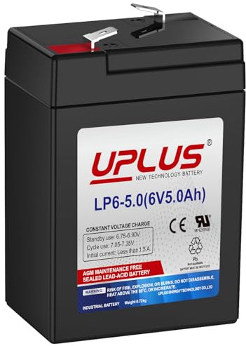 UPLUS LP6-5.0 6V 5Ah Rechargeable Agm Battery, Sealed Lead Acid Replacement Batteries, for Power Wheels, Ride on Cars, Alarm systems, UPS | Confirm size before order