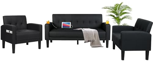 AILEEKISS 3 Piece Living Room Sofa Set Loveseat Sofas Sets with 2 USB,Cup Holders,Side Pocket, Modern Leather 3 Pcs Sectional Couches Set for Apartment, Office, Bedroom (Black, 2-Seat+1-Seat+1-Seat)