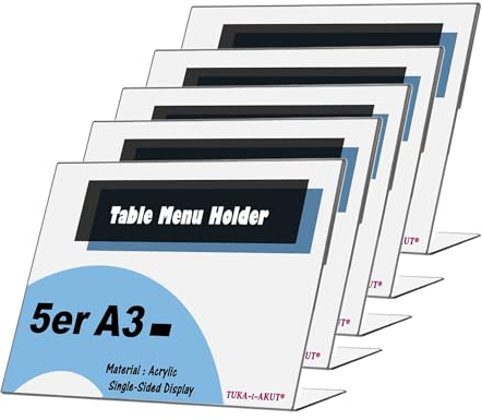 TUKA 5x Expositor de Mesa, A3 transversal, 3mm Acrílico Transparente, inclinado Soporte de sobremesa, Titular para Letreros de Folletos, Carteles, Fotos y Menús, Porta Carteles, TKD8201-A3-5x