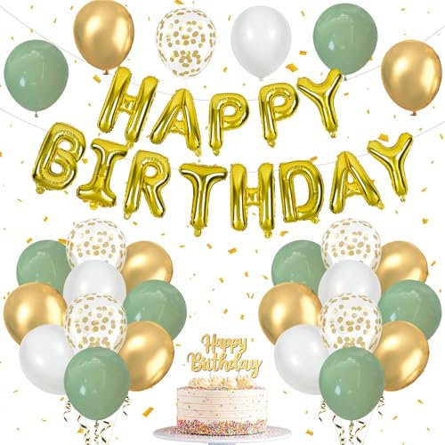 Sage Green Birthday Decorations Set, HappyBirthday Balloons with Sage Green White and Gold Balloons, Happy Birthday Banner and Cake Topper, Party Balloon for BirthdayParty Decorations for Men Women