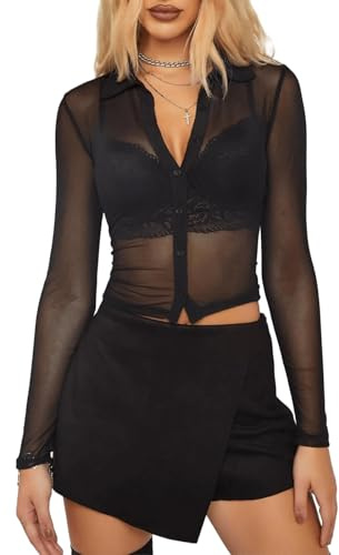 ZANZEA Women's Sexy Mesh Shirt Sheer Button Up Blouse See Through Long Sleeve Crop Top Black Medium