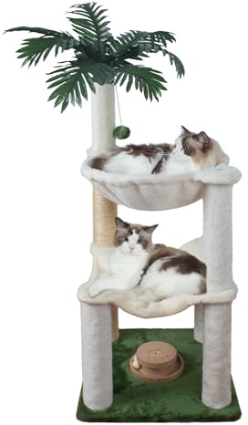 Fantasreen Arbre à Chat 100cm avec 2 Hamacs & Jouet Bois, Blanc | Arbre à chat avec deux hamacs et jouet interactif en bois. Inclut un abri pour chatons et adultes. Stabile et confortable.