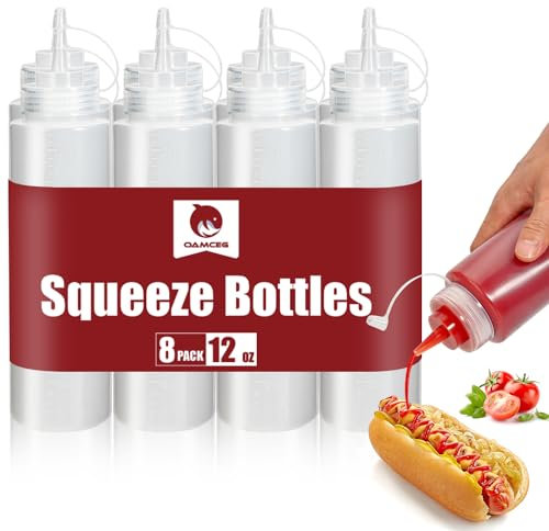 OAMCEG 8 Stück Squeeze Flaschen - 350ml 12oz Durable Condiment Kunststoff Squeeze Squirt Bottle mit diskreten Messungen, Würzpressflaschen für Ketchup BBQ Saucen Sirup Gewürze Dressings, BPA frei