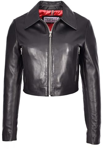 Chaqueta bolero corta de piel auténtica para mujer, color negro Cleo, Negro, 42