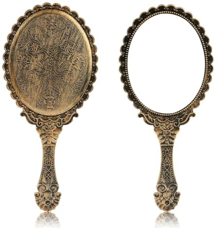 SVUPUE Specchio a Mano Vintage, 1 PCS Vintage Specchio con Maniglia, Specchio Ovale Piccolo in Bronzo, Portatile per Donne e Ragazze che Viaggiano in Ufficio a Casa