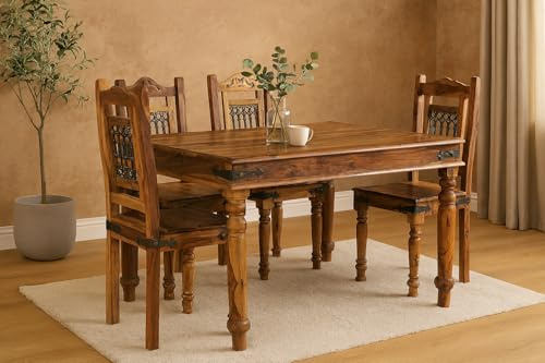 Oak and Pine Online Classically Modern Indian Thakat Jali Dining Set – Solid Sheesham Rosewood Dining Table with 4 Assembled Chairs Dining Room Furniture