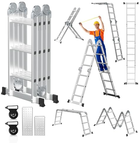 Cecaylie Scala multiuso 4 x 3, 360 cm, 7 in 1, in alluminio, con 2 piattaforme e 2 ruote per il trasporto fino a 150 kg, scala multiuso pieghevole scala combinata scala di appoggio scala di salita