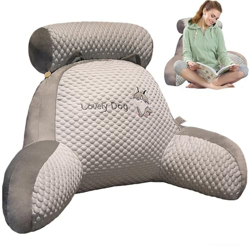 LANPEW Lesekissen mit Husky-Motiv & Armlehnen 70x50cm Grau,Süßes Kristall-Plüsch Rückenkissen für Kinder & Erwachsene, Ergonomisches Stützkissen für Bett & Sofa