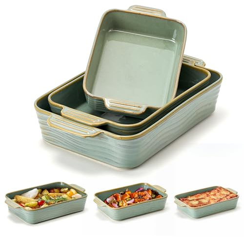 Jemirry Ceramic Baking Dish Set of 3, Casserole Dishes for Oven, Rectangular Porcelain Bakeware Set with Handles, Lasagna Baking Pan for Cooking, Perfect for Baking and Serving, Housewarming, Halloween, Thanksgiving, Christmas, New Year- Green