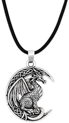 Hanary Dragon Necklace for Men, Celtic Dragon on Crescent Moon Pendant, Faux Leather Cord, Jewelry Gift