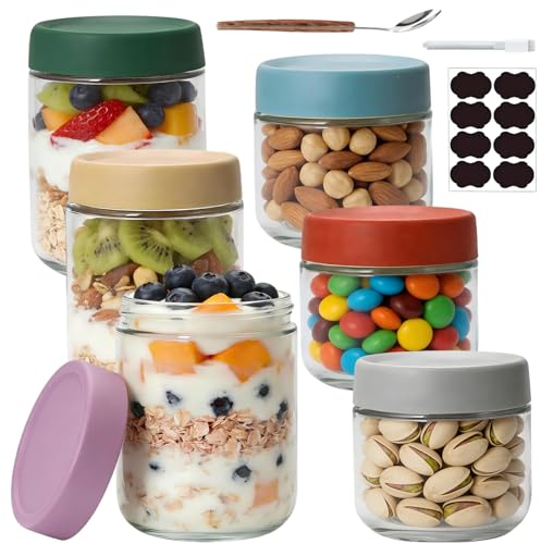 FRKOKRFA 6 tarros de avena durante la noche, 300-500 ml, tarros de conservas con tapa de rosca para mermeladas caseras, yogur, pudín, encurtidos, como cajas de preparación de comidas