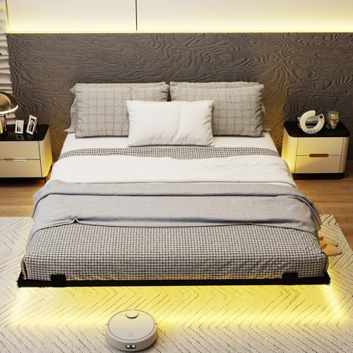 GOPLUS Marco de Cama Flotante Tamaño Doble, Cama de Plataforma Moderna con Luces LED, Listones de Metal Resistentes y Espacio de Almacenamiento, No Requiere Somier (Negro,160x200 cm)