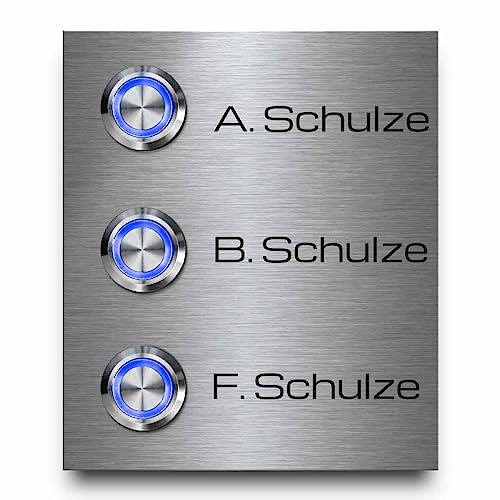3 Fach Türklingel aus Edelstahl mit drei Klingelknöpfen - Modell Schulze 9x10,5 cm | Klingelschild für Mehrfamilienhäuser mit personalisierter Gravur