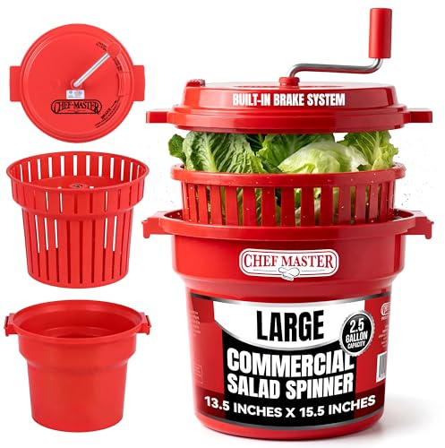 2.5 Gallon Chef Master Commercial Salad Spinner Dryer – Manual Lettuce Spinner and Fruit Washer Bowl with Strainer - Sealed Gearbox, Built In Brake System - Durable Spinner Mechanism - 90012