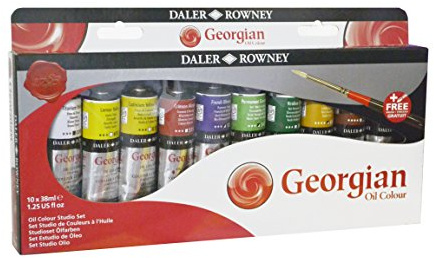 Daler-Rowney Georgian Ölfarbe, Aluminiumtube, 36.3 g - 38 ml, Studio-Set, 10 verschiedene Farben + 1 georgischer Ölpinsel