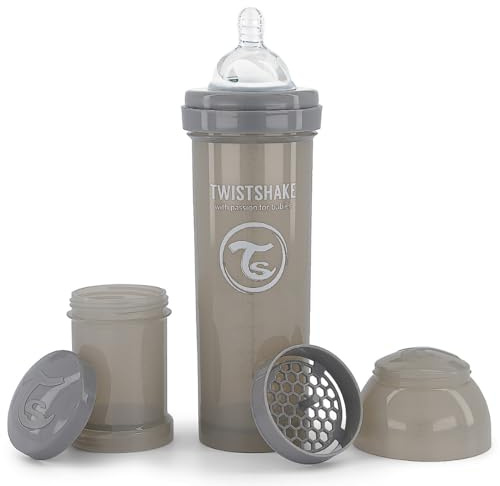 Twistshake Biberón Anticólicos con Recipiente para Leche y Mezclador, 330ml | Tetina Silicona Flujo Rápido Forma Pecho | Sin BPA | Para Bebés Mayores de 4 Meses | Gris