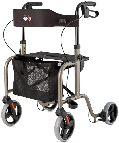 Bischoff & Bischoff RL-Smart Rollator, faltbar – Leichtgewicht-Rollator für drinnen und draußen, Gehwagen mit abnehmbarer Tasche und Stock-Halter, Platin