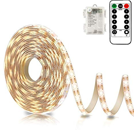echosari Battery Powered Led Strip Lights with Remote Warm White, 8 Modes, Dimmable, Timer, Self-Adhesive, Cuttable, Waterproof, 9.8FT 90Led Strip Lights for TV Kitchen Cupboard Bedroom Decor