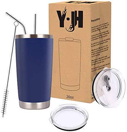 Y·J&H 20oz (550ml) Doppelwandig Vakuum Isolierter Autobecher, Edelstahl Reiseflasche, Thermobecher Kaffee to Go mit 2 Spritzfestem Deckel 2 Strohhalm, Rohrbürste,BPA Free - Navy Blau