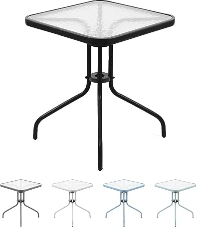 THE SECRET HOME - Mesa Cuadrada de Metal con Base de Cristal Texturizado para Jardín, Terraza, Patio o Balcón - 70 cm x 60 cm x 60 cm - Color Negro