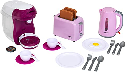 Theo Klein 9597 Bosch Frühstücksset I Rosa Küchenzubehör-Set inkl. Toaster, Kaffeemaschine und Wasserkocher I mit Geschirr, Besteck und Spiegelei-Attrappe I Spielzeug für Kinder ab 3 Jahren