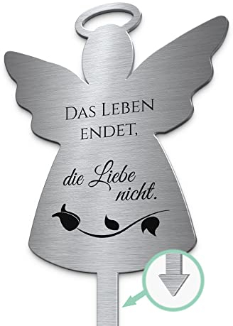 CHRISCK design Grabstecker Grabengel aus Edelstahl mit Trauersprüchen und Motiven | Grabschmuck Engel wetterfest und personalisierbar | eigene Engel Deko gestalten