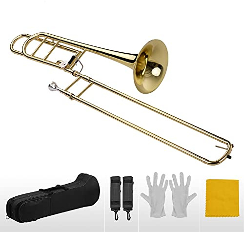 Upgraded Intermediate Bb Flat Tenor Slide Trombone with F Trigger Including Mouthpiece Carry Case Gloves Cleaning Cloth Trumpet Set