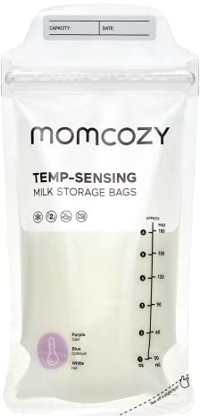 Momcozy Sacchetti per conservare il latte materno, sacchetti usa e getta per conservare il latte macchiato con rilevamento della temperatura, con 180 ml autoportanti, senza perdite, 200 pezzi