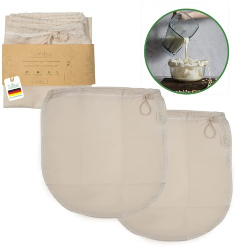 Susable Nussmilchbeutel Bio waschbar 100% Biobaumwolle (2 Stück) für Bio Nussmilch & Pflanzenmilch, Mehrzweck Passiertuch für hausgemachten Käse, Obstsaft und Gemüsesaft(35X35cm)