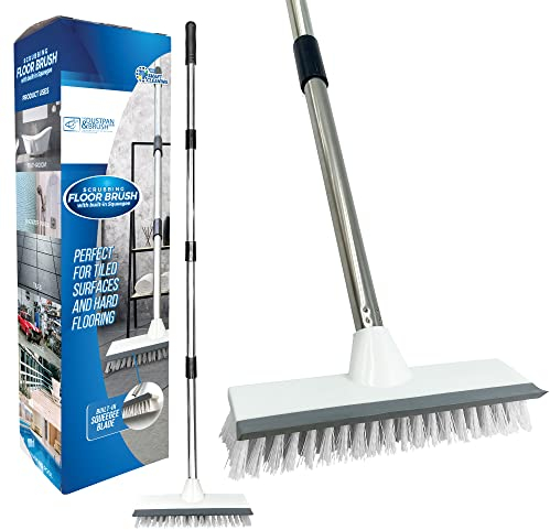 Floor Squeegee Broom Scrubbing Brush with Stiff Brush Bristles and 4PC Broom Handle for Home and Commercial Use - Bathroom Cleaning Scrubber, Floor Sweeper Indoor for Tile or Wood Surfaces
