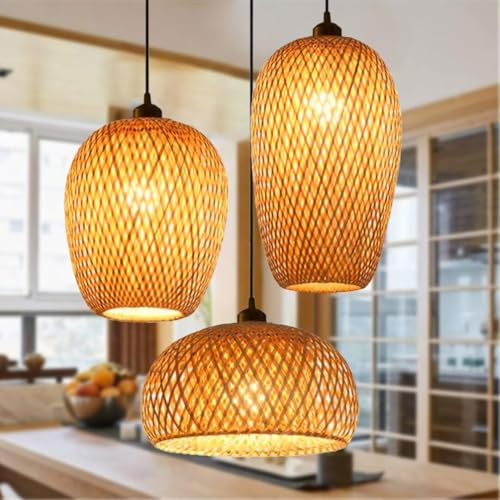 Un set di lampada a sospensione in bambù intrecciata a mano Paralume a doppio strato Lampada da soffitto a lampadario a soffitto cavo intrecciato in bambù con piastra da 30 cm per bar, caffè