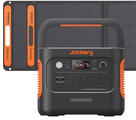 Jackery Solar Generator 1000 Plus 200W, 1264Wh portable power station with 2x 100W Solar Panel, LiFePO4 Battery, Expandable to 5kWh for Outdoor RV Camping