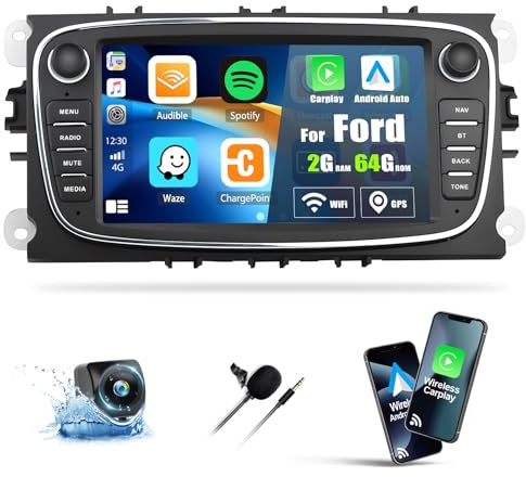 2+64G Android 13 Autoradio für Ford Focus II Mondeo 9 S-Max C-Max Kuga 2008-2011 mit Carplay Android Auto, 7 Zoll Touchscreen Radio mit Bluetooth FM/RDS/HiFi WiFi/GPS+AHD Rückfahrkamera & MIC