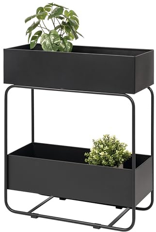 eluno Pflanzenständer, Blumenständer mit 2 Ablagen, Bücherregal, stilvolles Multifunktionsregal aus Metall ca. 60 x 25 x 71 (B/T/H) (Schwarz)
